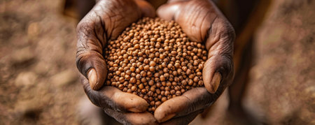 A close-up of hands holding buckwheat groats, emphasizing the natural grains and their texture.の素材