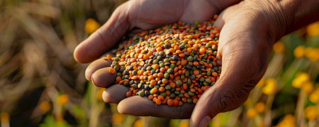 A close-up of hands holding a pile of mixed lentils, emphasizing the variety in color and texture against a natural backdrop.の素材