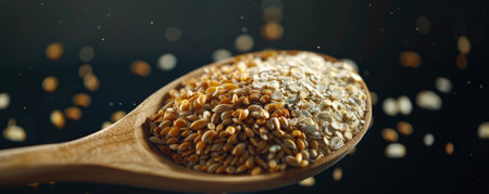 A close-up of a wooden spoon filled with various groats, against a dark background to highlight the grains.の素材