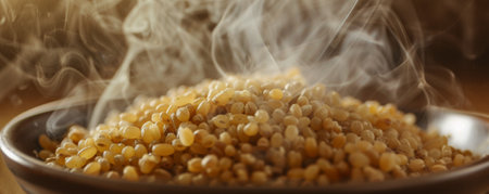 A close-up of cooked barley groats in a bowl, with steam rising, set against a cozy kitchen background.の素材