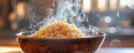 A close-up of cooked pearl groats in a bowl, with steam rising, set against a cozy kitchen background.の素材