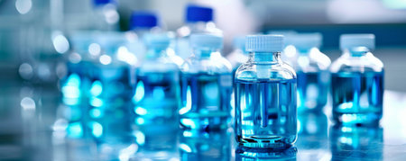A collection of blue liquid-filled bottles on a polished medical surface, reflecting the clinical cleanliness of the environment.の素材
