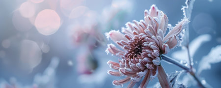 A close-up of a wilted chrysanthemum, its petals covered in frost and snow, with a blurred winter background.の素材