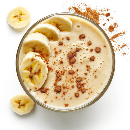 A creamy freshly pressed banana smoothie with almond milk and honey, garnished with banana slices and a sprinkle of cinnamon, isolated on white background.の素材