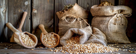 A collection of groats in a rustic kitchen setting, with burlap sacks and wooden scoops.の素材