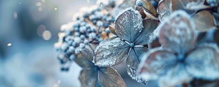 A close-up of a wilted hydrangea, its petals covered in frost and snow, with a blurred snowy background.の素材