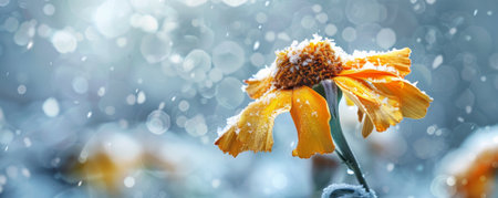 A close-up of a wilted marigold, its vibrant colors muted by a layer of snow, with a blurred snowy backdrop.の素材