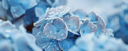 A close-up of a wilted hydrangea, its petals covered in frost and snow, with a blurred snowy background.の素材