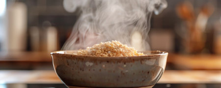 A close-up of cooked oat groats in a bowl, with steam rising, set against a cozy kitchen background.の素材