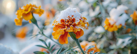 A close-up of a wilted marigold, its vibrant colors muted by a layer of snow, with a blurred snowy backdrop.の素材