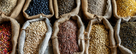 A close-up of various groats in burlap sacks, highlighting the texture and color of each type.の素材