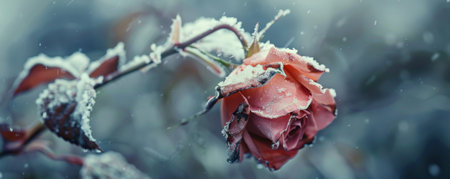 A close-up of a wilted rose, its petals drooping and covered in a delicate layer of snow, against a blurred winter background.の素材