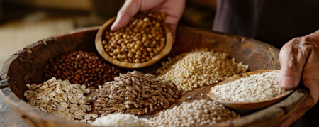 A close-up of hands scooping different groats from a large wooden bowl, emphasizing their texture and variety.の素材