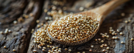 A close-up of a wooden spoon filled with quinoa cereal, highlighting their grainy texture against a rustic backdrop.の素材