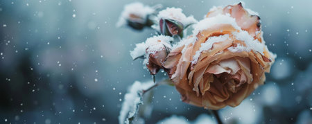 A close-up of a wilted rose, its petals drooping and covered in a delicate layer of snow, against a blurred winter background.の素材