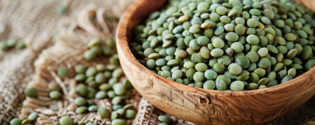 A close-up of green lentils in a wooden bowl, placed on a rustic tablecloth to highlight their natural look and texture.の素材