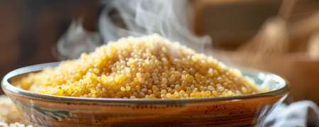 A close-up of cooked millet groats in a bowl, with steam rising, set against a cozy kitchen background.の素材