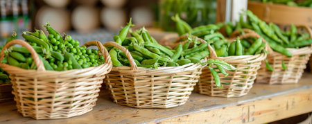 A farmer's market stall displaying baskets of fresh peas, highlighting their natural, wholesome appearance.の素材