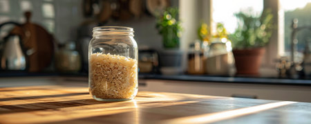 A glass jar filled with rice cereal, sitting on a kitchen counter with natural light streaming in.の素材