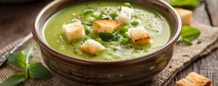 A meal scene with a bowl of pea soup, topped with fresh herbs and croutons, set on a rustic table.の素材