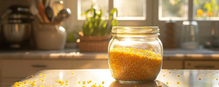 A glass jar filled with corn grits, sitting on a kitchen counter with natural light streaming in.の素材