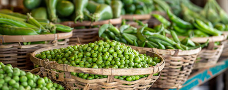 A farmer's market stall displaying baskets of fresh peas, highlighting their natural, wholesome appearance.の素材