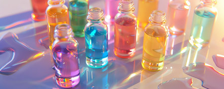 A set of multicolored liquid-filled bottles on a clean surface, promoting their benefits for immunity against viruses and polluted air.の素材
