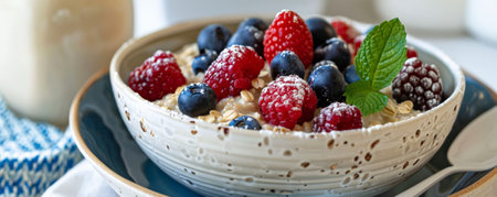A health-conscious breakfast setup with a bowl of oat groats, fresh berries, and a glass of almond milk.の素材