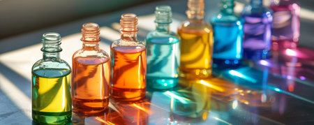 A range of colorful liquid-filled bottles on a polished surface, each contributing to immunity against viruses and polluted air.の素材