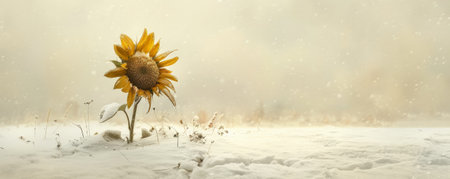 A single wilted sunflower, its head bowed under the weight of fresh snow, standing alone in a snowy field.の素材