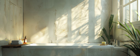 A minimalist bathroom scene with soap and shower gel on a bathtub, bathed in soft, natural sunlight from a large window.の素材