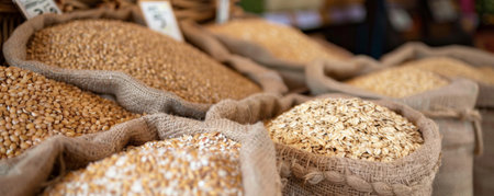 A farmer's market stall displaying sacks of oat groats, highlighting their natural, wholesome appearance.の素材