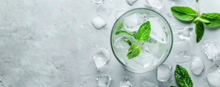 A refreshing drink with ice on a plain surface, with plenty of space for text beside it.の素材