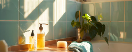 A refreshing bathroom setup with soap and shower gel on the edge of a bathtub, sunlight filtering through a nearby window.の素材
