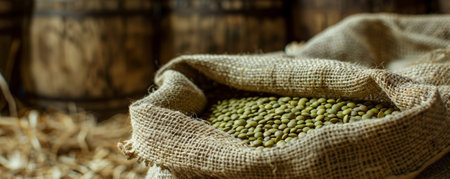 A rustic kitchen scene with a burlap sack of green lentils, highlighting their natural texture and color.の素材