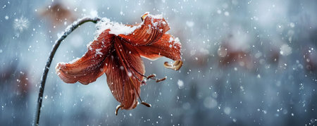 A wilted lily, its petals frozen and dusted with snow, set against a serene, snowy background.の素材