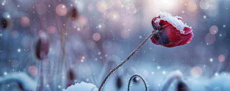 A wilted poppy, withered and covered in snow, standing out against a soft-focus winter landscape.の素材