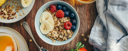 A minimalist breakfast table with a simple bowl of granola, fresh fruits, and a glass of herbal tea.の素材