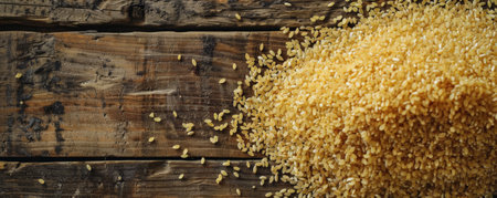 A top-down view of bulgur spread across a wooden table, showing its earthy tones and texture.の素材
