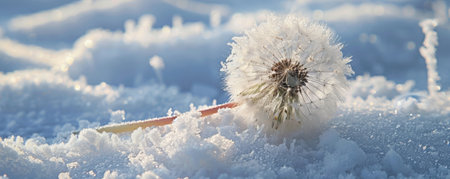 A wilted dandelion, its puffball head drooping and covered in snow, set against a cold, snowy field.の素材