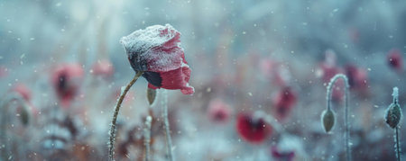 A wilted poppy, withered and covered in snow, standing out against a soft-focus winter landscape.の素材