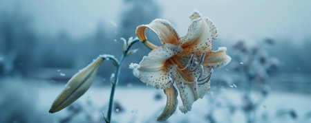 A wilted lily, its petals frozen and dusted with snow, set against a serene, snowy background.の素材
