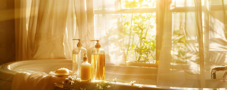 A tranquil bathroom scene with soap and shower gel bottles on a bathtub, sunlight streaming through sheer curtains.の素材