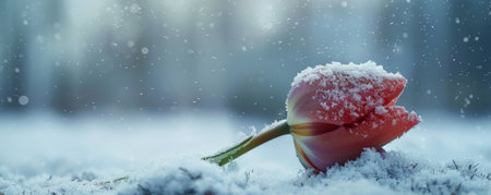 A wilted tulip, its petals frozen and covered in snow, with a soft-focus snowy background enhancing the melancholy scene.の素材