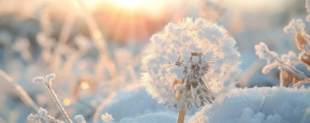 A wilted dandelion, its puffball head drooping and covered in snow, set against a cold, snowy field.の素材