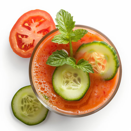A vibrant freshly pressed tomato smoothie with cucumber and lime, topped with tomato slices and cucumber rounds, isolated on white background.の素材
