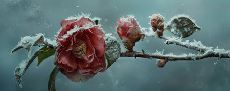 A wilted camellia, its petals frozen and covered in snow, set against a cold, wintry backdrop.の素材