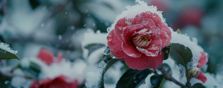 A wilted camellia, its petals frozen and covered in snow, set against a cold, wintry backdrop.の素材