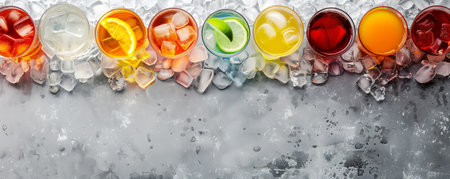 A variety of beverages with ice on a gray background, viewed from above, featuring a large blank space in the middle for text.の素材