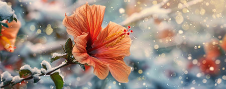 A wilted hibiscus, its vibrant colors muted by a layer of snow, standing out against a serene, snowy landscape.の素材